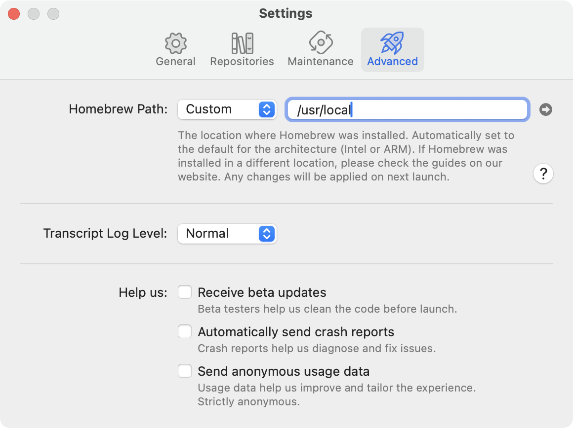 Customise the Homebrew Path from the Settings